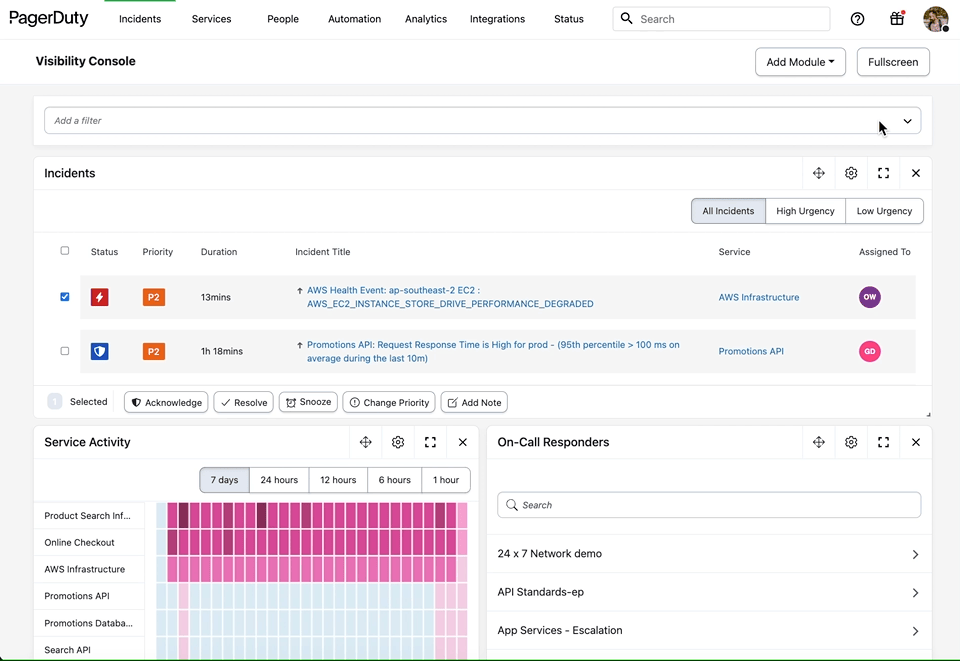 PagerDuty Visibility Console 的屏幕录像,用户可以在其中可视化他们的所有事件数据。